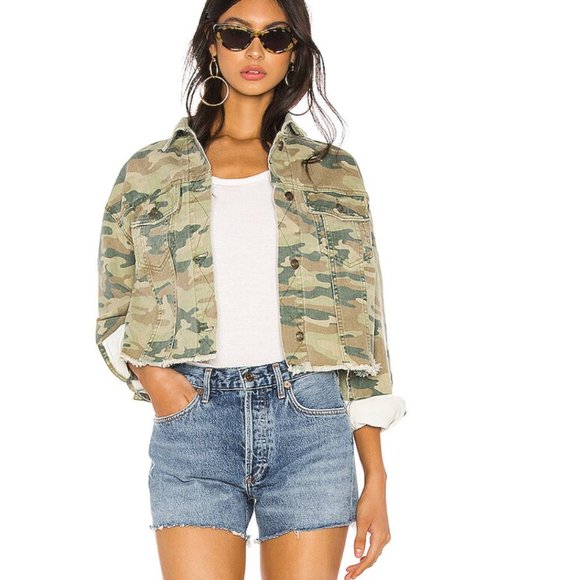 Free People Camo Printed Cropped Denim Jacket